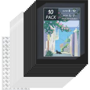 حزمة من 10 سجادات صور مقاس 8 × 10 غير لامعة مع قطع مشطوفة أساسية بيضاء للصور مقاس 5 × 7. حصيرة صور بقاعدة + غشاء مقاوم للغبار + لاصق + أكياس (أسود، 8 × 10) in Kuwait