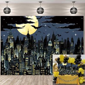 Super City Superhero Backdrop 7x5FT Yellow Full Moon Skyline Cityscape Theme Photography Background Boys Birthday Party Cake Table Decorations Banner Photo Props in Kuwait