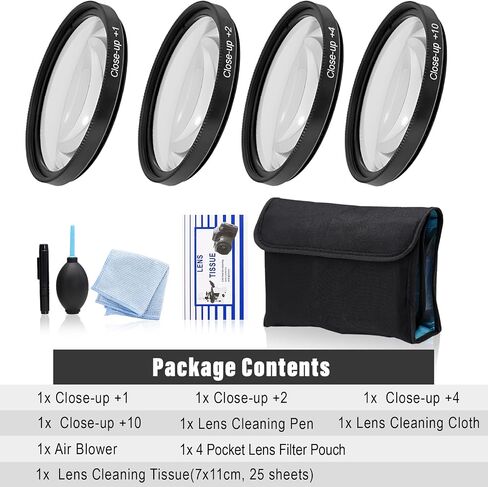 Macro Close-Up Filter Kit (+1, +2, +4, +10) with 4-Pocket Filter Pouch, Cleaning Kit for 37/40.5/43/46/49/52/55/58/62/67/72/77/82mm Camera Lenses (39mm(+1+2+4+10)) in Saudi Arabia