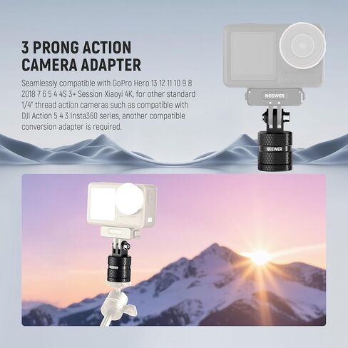 محول حامل ثلاثي القوائم لكاميرا الحركة من NEEWER متوافق مع GoPro Hero 13 Go Pro 12 11 10 9 أسود DJI Osmo Action 5 Pro 4 3، دوران 360 درجة 1/4 بوصة - 20 إلى 3 شوكات لملحقات 1/4 القياسية، GP-89 in Kuwait