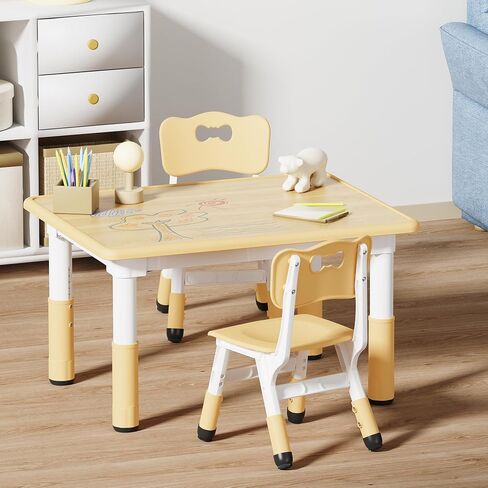 Kids Table and 2 Chairs Set, Height Adjustable Toddler Table and Chair Set, Graffiti Desktop, Classroom/Daycare/Home, Children Multi-Activity Table for Ages 2-8 in Saudi Arabia