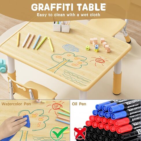 Kids Table and 2 Chairs Set, Height Adjustable Toddler Table and Chair Set, Graffiti Desktop, Classroom/Daycare/Home, Children Multi-Activity Table for Ages 2-8 in Saudi Arabia