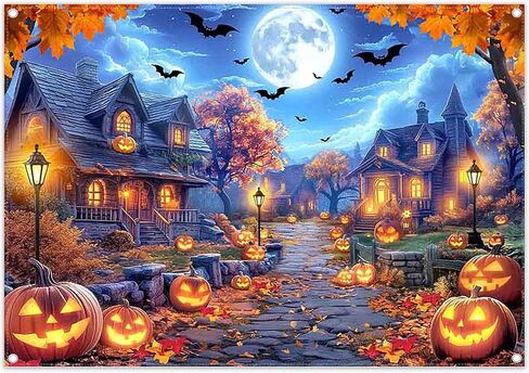 7x5ft Fabric Halloween Full Moon Night Backdrop Pumpkin Lantern Wooden House Street Bat Photography Background Spooky Holiday Party Decorations Photo Banner Props in Saudi Arabia