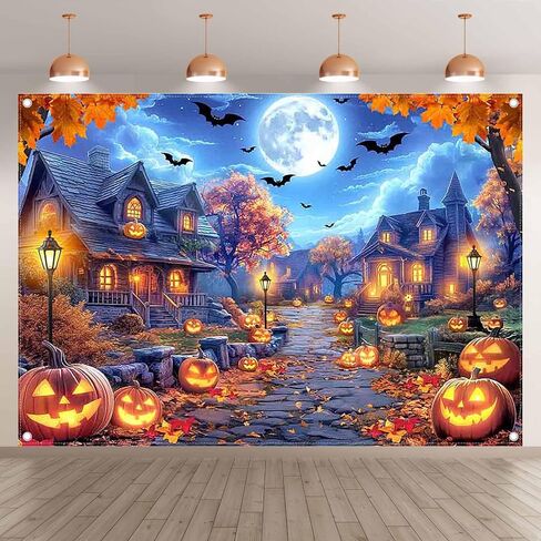 7x5ft Fabric Halloween Full Moon Night Backdrop Pumpkin Lantern Wooden House Street Bat Photography Background Spooky Holiday Party Decorations Photo Banner Props in Saudi Arabia