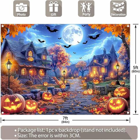 7x5ft Fabric Halloween Full Moon Night Backdrop Pumpkin Lantern Wooden House Street Bat Photography Background Spooky Holiday Party Decorations Photo Banner Props in Saudi Arabia