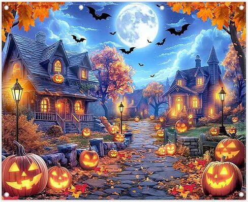 7x5ft Fabric Halloween Full Moon Night Backdrop Pumpkin Lantern Wooden House Street Bat Photography Background Spooky Holiday Party Decorations Photo Banner Props in Saudi Arabia