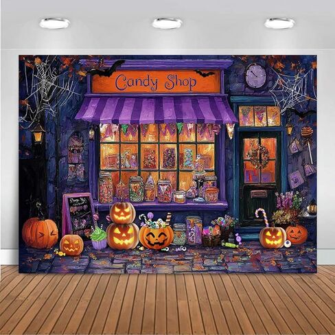 Mocsicka Halloween CandyShop خلفية الأرجواني اليقطين فانوس ماجيك كاندي شوب خلفية عيد الهالوين Famiy زينة الحفلات لخلفية التصوير الفوتوغرافي (7 × 5 قدم (82 × 60 بوصة)) in Kuwait