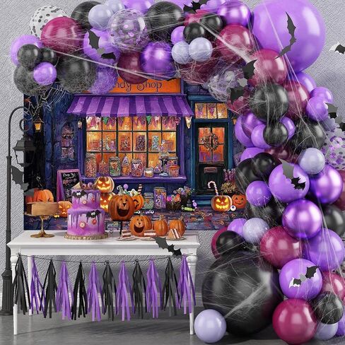 Mocsicka Halloween CandyShop خلفية الأرجواني اليقطين فانوس ماجيك كاندي شوب خلفية عيد الهالوين Famiy زينة الحفلات لخلفية التصوير الفوتوغرافي (7 × 5 قدم (82 × 60 بوصة)) in Kuwait