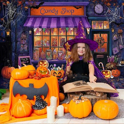 Mocsicka Halloween CandyShop خلفية الأرجواني اليقطين فانوس ماجيك كاندي شوب خلفية عيد الهالوين Famiy زينة الحفلات لخلفية التصوير الفوتوغرافي (7 × 5 قدم (82 × 60 بوصة)) in Kuwait