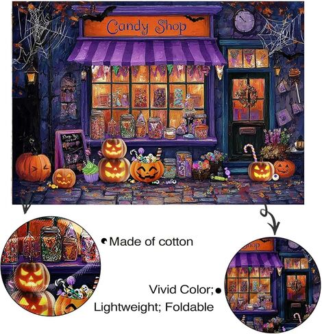 Mocsicka Halloween CandyShop خلفية الأرجواني اليقطين فانوس ماجيك كاندي شوب خلفية عيد الهالوين Famiy زينة الحفلات لخلفية التصوير الفوتوغرافي (7 × 5 قدم (82 × 60 بوصة)) in Kuwait