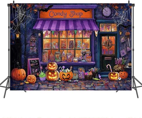 Mocsicka Halloween CandyShop خلفية الأرجواني اليقطين فانوس ماجيك كاندي شوب خلفية عيد الهالوين Famiy زينة الحفلات لخلفية التصوير الفوتوغرافي (7 × 5 قدم (82 × 60 بوصة)) in Kuwait