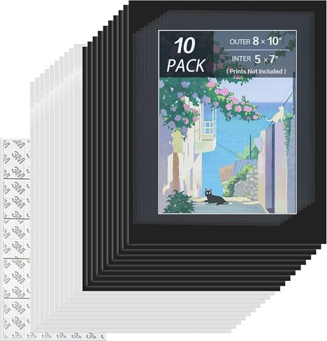 حزمة من 10 سجادات صور مقاس 8 × 10 غير لامعة مع قطع مشطوفة أساسية بيضاء للصور مقاس 5 × 7. حصيرة صور بقاعدة + غشاء مقاوم للغبار + لاصق + أكياس (أسود، 8 × 10) in Kuwait