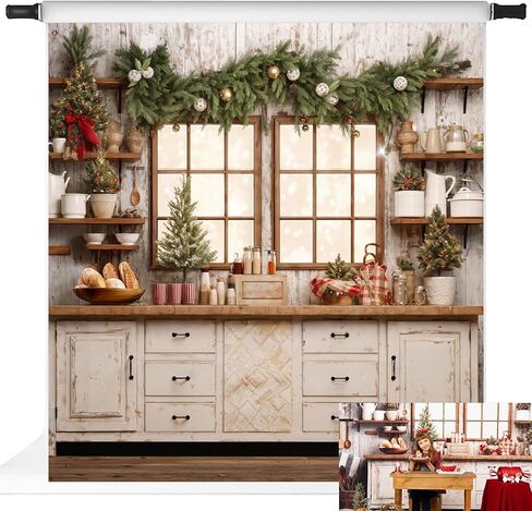 Kate Christmas Kitchen Photography Backdrop Festival Holiday Cooking Scene Backdrop Vintage Cabinet Photo Studio Props, 7x5ft in Saudi Arabia
