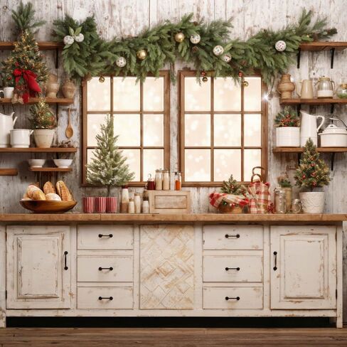 Kate Christmas Kitchen Photography Backdrop Festival Holiday Cooking Scene Backdrop Vintage Cabinet Photo Studio Props, 7x5ft in Saudi Arabia