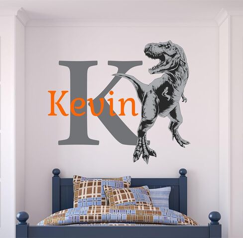 Boys Nursery Blue T Rex, Tyrannosaurus Dinosaurs Personalized Custom Name Initial Vinyl Wall Decal Decor Stickers, Customized Nursery Dino Theme, (Multiple Size Choices) (White Initial/Grey Dinosaur) in Kuwait