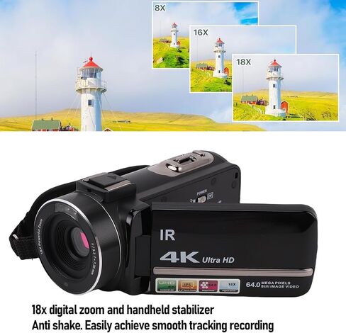 PUSOKEI 4K Video Camera, 64MP UHD 18X Digital Zoom Vlog Camera with 3in Stabilizer Microphone, Digital Camera for Live Streaming Travel Videos in Saudi Arabia