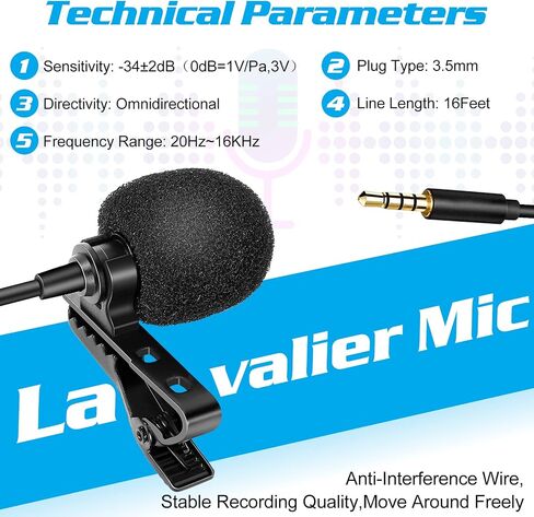 Professional Grade Lavalier Lapel Microphone for Panasonic Eluga I4 Compatible with iPhone Phone or Camera Blogging Vlogging ASMR Recording Video Tiny Shirt Microphone with Easy Clip On System Black in Saudi Arabia