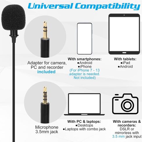 Professional Grade Lavalier Lapel Microphone for Panasonic Eluga I4 Compatible with iPhone Phone or Camera Blogging Vlogging ASMR Recording Video Tiny Shirt Microphone with Easy Clip On System Black in Saudi Arabia