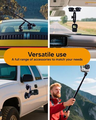 حامل سيارة بالشفط متوافق مع Insta360 x5 x4 x3 x2 x One RS R GoPro Max، حامل كاميرا بـ 5 أكواب شفط مع عصا سيلفي قابلة للقفل 45 بوصة لمدونات فيديو الحركة بزاوية 360 درجة in Saudi Arabia