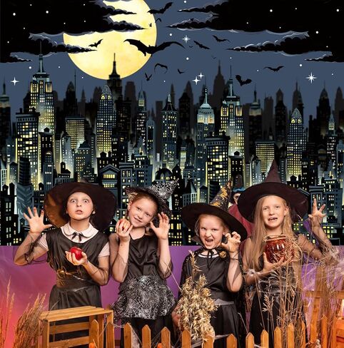 سوبر سيتي خارقة خلفية 7x5FT الأصفر البدر أفق سيتي سكيب موضوع التصوير الفوتوغرافي خلفية الأولاد حفلة عيد ميلاد كعكة الجدول زينة راية صور الدعائم in Kuwait