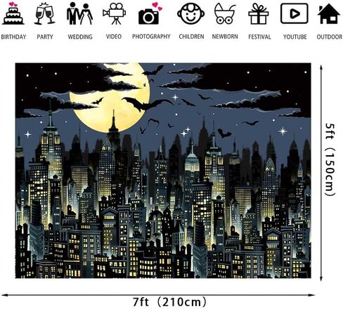 سوبر سيتي خارقة خلفية 7x5FT الأصفر البدر أفق سيتي سكيب موضوع التصوير الفوتوغرافي خلفية الأولاد حفلة عيد ميلاد كعكة الجدول زينة راية صور الدعائم in Kuwait