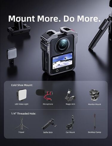 قفص كاميرا من الألومنيوم من llano لـ DJI Osmo 360 - إطار واقٍ مناسب بدقة CNC، حافظة معدنية خفيفة الوزن 45 جرام متوافقة مع ميكروفون DJI، حذاء بارد وحامل 1/4 بوصة - 20، دعم التصوير الأفقي والرأسي in Kuwait