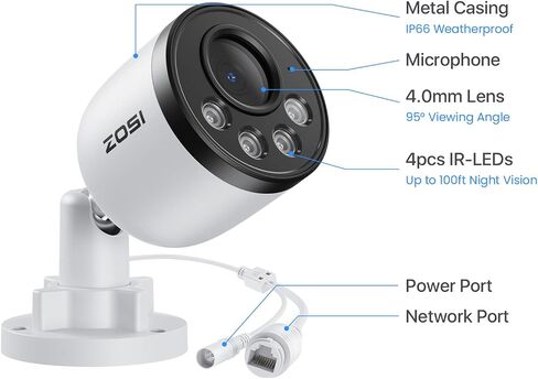 ZOSI 2 Pack 4K PoE إضافة على كاميرا الأمان مع كابلات إيثرنت، كاميرات IP خارجية بدقة 8 ميجابكسل مع اكتشاف الشخص/المركبة، صوت في اتجاه واحد، غلاف معدني، متوافق فقط مع نفس العلامة التجارية 8MP/4K POE NVR in Saudi Arabia