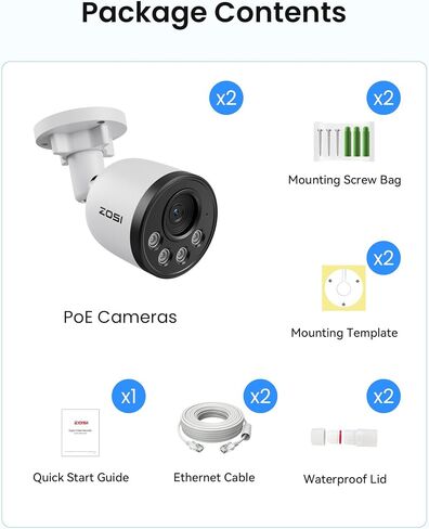 ZOSI 2 Pack 4K PoE إضافة على كاميرا الأمان مع كابلات إيثرنت، كاميرات IP خارجية بدقة 8 ميجابكسل مع اكتشاف الشخص/المركبة، صوت في اتجاه واحد، غلاف معدني، متوافق فقط مع نفس العلامة التجارية 8MP/4K POE NVR in Saudi Arabia