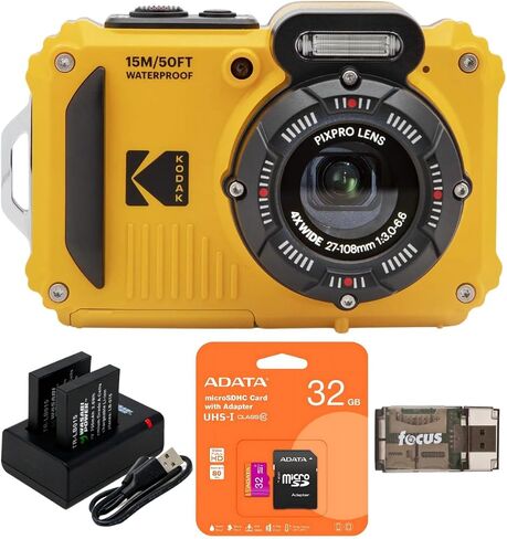 كاميرا Kodak WPZ2 16MP 4X Zoom مقاومة للماء (أصفر) حزمة مع بطاريتين إضافيتين وبطاقة 32 جيجابايت وقارئ بطاقات (4 عناصر) in Saudi Arabia