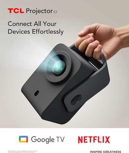 جهاز عرض خارجي محمول TCL C1 Google TV، أصلي 1080 بكسل، مرخص رسميًا من Netflix، واي فاي وبلوتوث، عمر 30000 ساعة، تركيز تلقائي، صوت دولبي رقمي 8 وات، شاشة 120 بوصة، مسرح منزلي in Kuwait