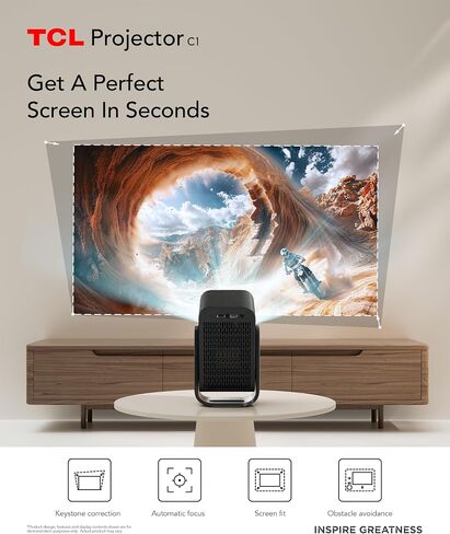 جهاز عرض خارجي محمول TCL C1 Google TV، أصلي 1080 بكسل، مرخص رسميًا من Netflix، واي فاي وبلوتوث، عمر 30000 ساعة، تركيز تلقائي، صوت دولبي رقمي 8 وات، شاشة 120 بوصة، مسرح منزلي in Kuwait