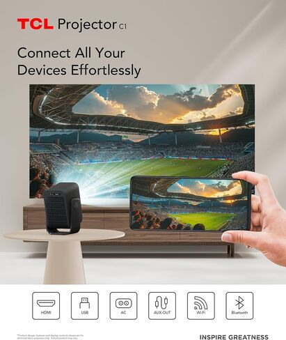جهاز عرض خارجي محمول TCL C1 Google TV، أصلي 1080 بكسل، مرخص رسميًا من Netflix، واي فاي وبلوتوث، عمر 30000 ساعة، تركيز تلقائي، صوت دولبي رقمي 8 وات، شاشة 120 بوصة، مسرح منزلي in Kuwait