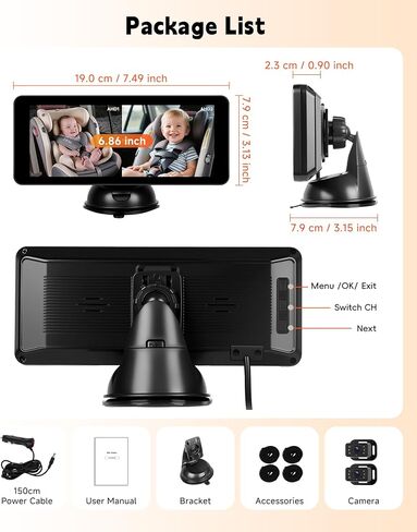 Rimoody 6.86'' Baby Car Camera for Seat HD Bual Rear Facing, Car Camera for Baby Night Vision Wide View Angle Reusable Sucker Bracket, Easy Install 360° Adjustable in Saudi Arabia