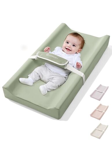 COMOMY Baby Changing Pad with Wipeable & Waterproof PU Cover, Contoured Diaper Changing Pad for Dresser with Non-Slip Safety Belt, Portable and Lightweight, Large Cushioned Foam, Beige in Kuwait