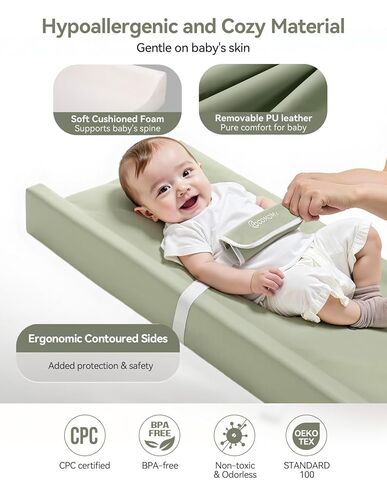COMOMY Baby Changing Pad with Wipeable & Waterproof PU Cover, Contoured Diaper Changing Pad for Dresser with Non-Slip Safety Belt, Portable and Lightweight, Large Cushioned Foam, Beige in Kuwait