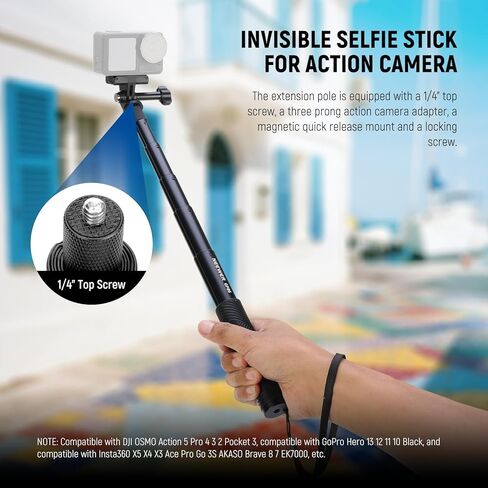 طقم قضيب تمديد NEEWER متوافق مع DJI OSMO Action 5 Pro 4 3 GoPro Insta360 AKASO، عصا سيلفي غير مرئية مقاس 27.8 بوصة، محول كاميرا الحركة وحامل مغناطيسي سريع الفك لتسجيل الفيديو، GP-86 in Kuwait