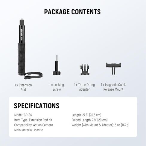 طقم قضيب تمديد NEEWER متوافق مع DJI OSMO Action 5 Pro 4 3 GoPro Insta360 AKASO، عصا سيلفي غير مرئية مقاس 27.8 بوصة، محول كاميرا الحركة وحامل مغناطيسي سريع الفك لتسجيل الفيديو، GP-86 in Kuwait