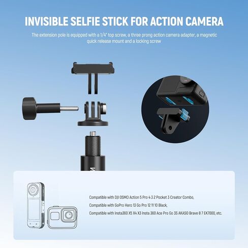 طقم قضيب تمديد NEEWER متوافق مع DJI OSMO Action 5 Pro 4 3 GoPro Insta360 AKASO، عصا سيلفي غير مرئية مقاس 27.8 بوصة، محول كاميرا الحركة وحامل مغناطيسي سريع الفك لتسجيل الفيديو، GP-86 in Kuwait