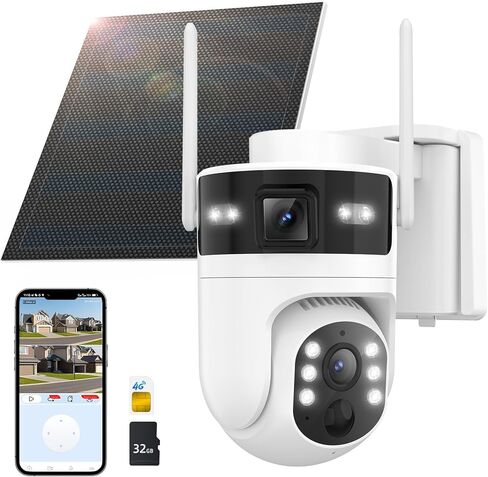 كاميرا أمان خلوية 4G LTE: عدسة مزدوجة Camara de Seguridad لاسلكية في الهواء الطلق، عرض مباشر 360 درجة مع بطاقة SD 32 جيجا، مراقبة منزلية بدون واي فاي، تعمل بالطاقة الشمسية، رؤية ليلية ملونة 2K، حركة PIR in Kuwait