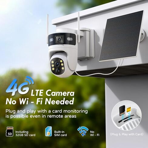 كاميرا أمان خلوية 4G LTE: عدسة مزدوجة Camara de Seguridad لاسلكية في الهواء الطلق، عرض مباشر 360 درجة مع بطاقة SD 32 جيجا، مراقبة منزلية بدون واي فاي، تعمل بالطاقة الشمسية، رؤية ليلية ملونة 2K، حركة PIR in Kuwait