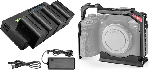 NEEWER Full Camera Cage Compatible with Sony a7R V/a7R IV/a7 IV/a7S III/a1, Aluminum Video Camera Rig with Full Access/Arca Type QR Base, 4-Pack 7.4V 6600mAh NP-F970 Replacement Batteries Included in Saudi Arabia