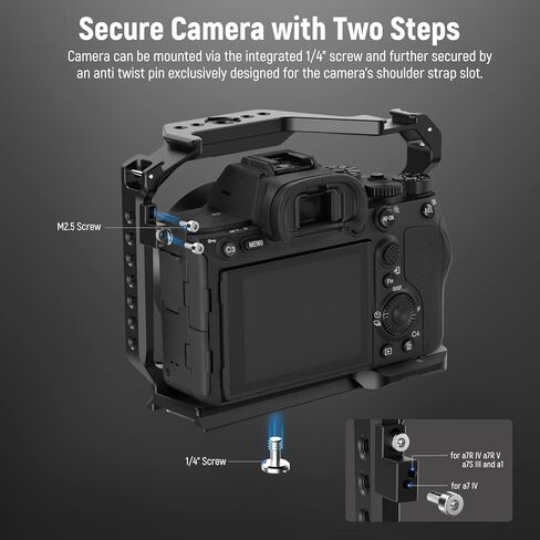 NEEWER Full Camera Cage Compatible with Sony a7R V/a7R IV/a7 IV/a7S III/a1, Aluminum Video Camera Rig with Full Access/Arca Type QR Base, 4-Pack 7.4V 6600mAh NP-F970 Replacement Batteries Included in Saudi Arabia