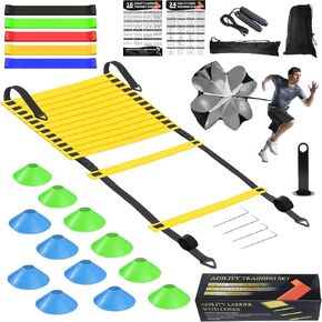 Speed Agility Training Equipment Set, Agility Ladder 20ft, 12 Football Cones, Resistance Parachute/Soccer Kick Trainer, Jump Rope, 5 Resistance Bands, Football Practice Equipment for Kids Adults in Saudi Arabia