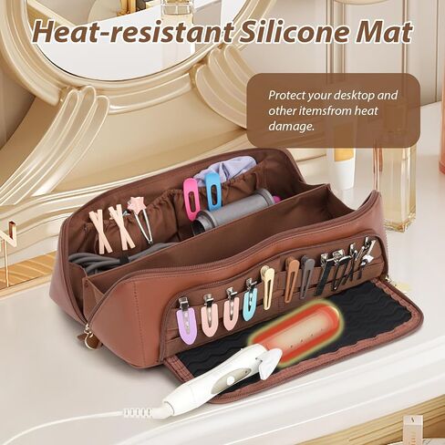 Hot Hair Tools Travel Bag with Heat Resistant Silicone Mat, 2 in 1 Hair Dryer Storage Bags, Women Travel Essentials Organizer Case for Curling Irons, Straighteners, Hot Air Brushes (Brown) in Saudi Arabia