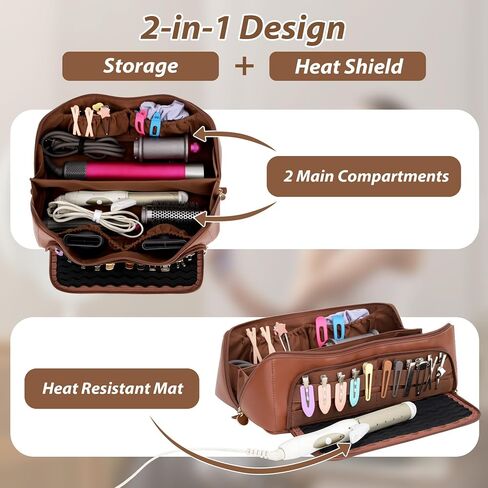 Hot Hair Tools Travel Bag with Heat Resistant Silicone Mat, 2 in 1 Hair Dryer Storage Bags, Women Travel Essentials Organizer Case for Curling Irons, Straighteners, Hot Air Brushes (Brown) in Saudi Arabia