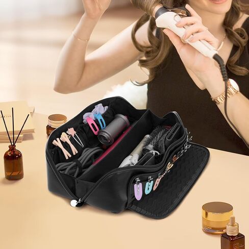 Hot Hair Tools Travel Bag with Heat Resistant Silicone Mat, 2 in 1 Hair Dryer Storage Bags, Women Travel Essentials Organizer Case for Curling Irons, Straighteners, Hot Air Brushes (Brown) in Saudi Arabia