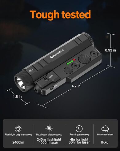 TOUGHSOUL Mlok Picatinny Tactical Flashlight Green Red Laser Sight Combo, 2400 Lumen Max Light with Momentary Strobe Function Rchargeable Battery Included (Red Laser) in Saudi Arabia