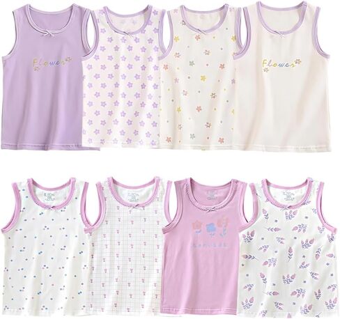 Adorable Girls' Tank Tops - 8 Pack Pink & Purple Floral, Grid & Dot Styles in Saudi Arabia