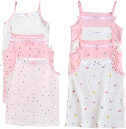 Girls' Floral Print Cami Tank Top, Pink and White, Lace Trim, Pack of 7 in Saudi Arabia