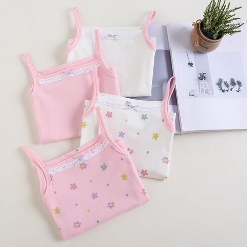 Girls' Floral Print Cami Tank Top, Pink and White, Lace Trim, Pack of 7 in Saudi Arabia